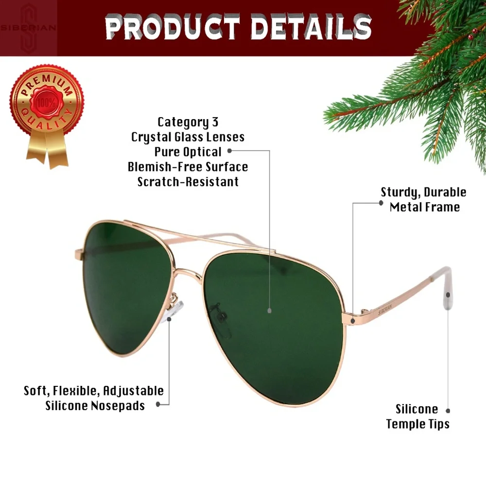 🇺🇸100% Real Glass GREEN Classic GOLD frame Aviator Sunglasses Men/Women 60mm